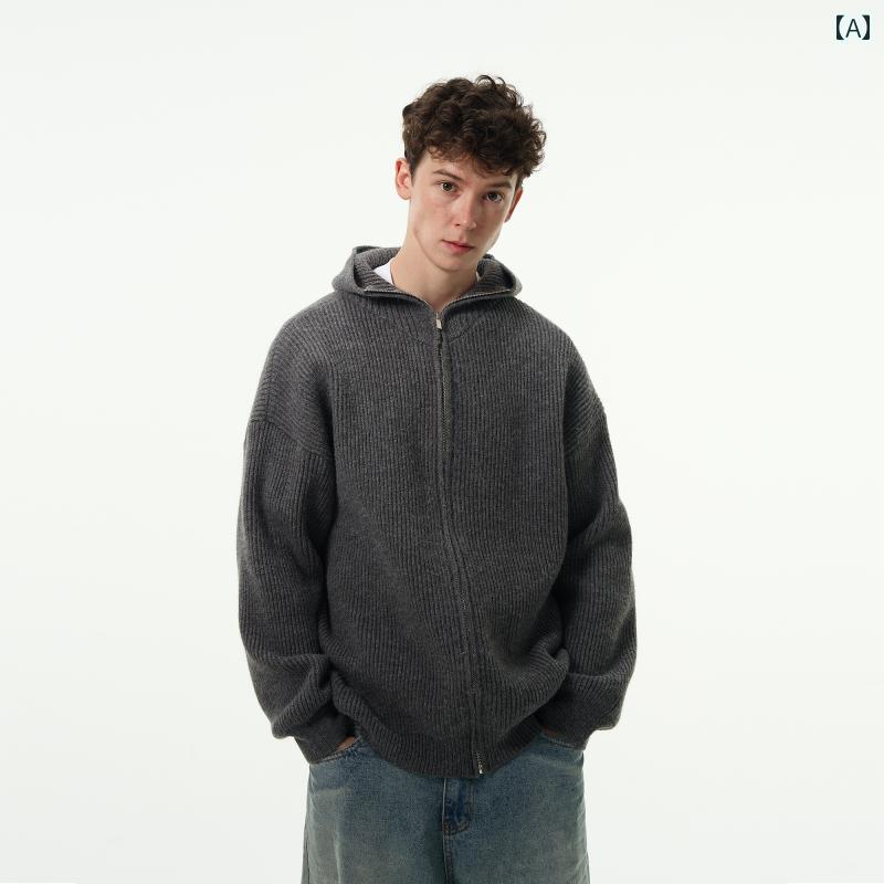 パーカー 成人男性服 アメリカン レトロ 薄墨色 ボンネット 肋筋 編み物 スウェーター 分かりやすい ソリッドカラー メンズ ジップアップ フーディ 心地好い 惜しみ無い 無地 日常 普段 ユニ一発やる ゆったり
