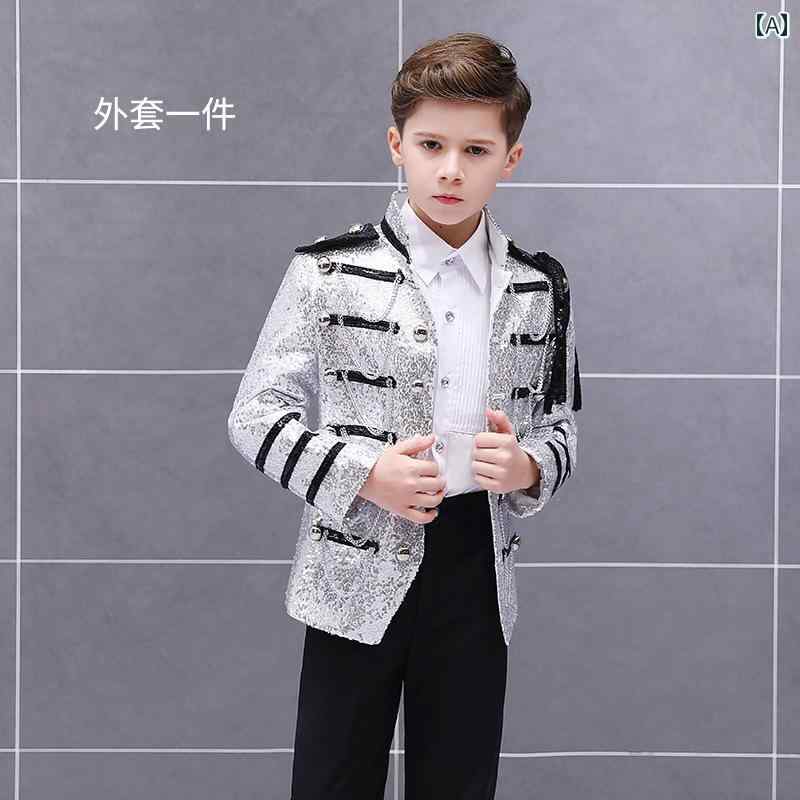 キッズ 上衣 ズボン下 御坊っちゃん タッセル セットアップ フォーマル スパンコール 御膳上等感 窈窕たる 長袖 衣嚢 ロング 王子 社交ダンス 公演御召しもの スプレ 中つ世