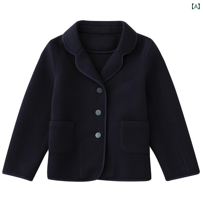 キッズ 子供服 春秋 男の子 女の子 トップス レトロ カレッジ 小さい スーツ 上着 アウター ジャケット 羽織 黒 ブラック フロントボタン カジュアル ガーリー ユニセックス