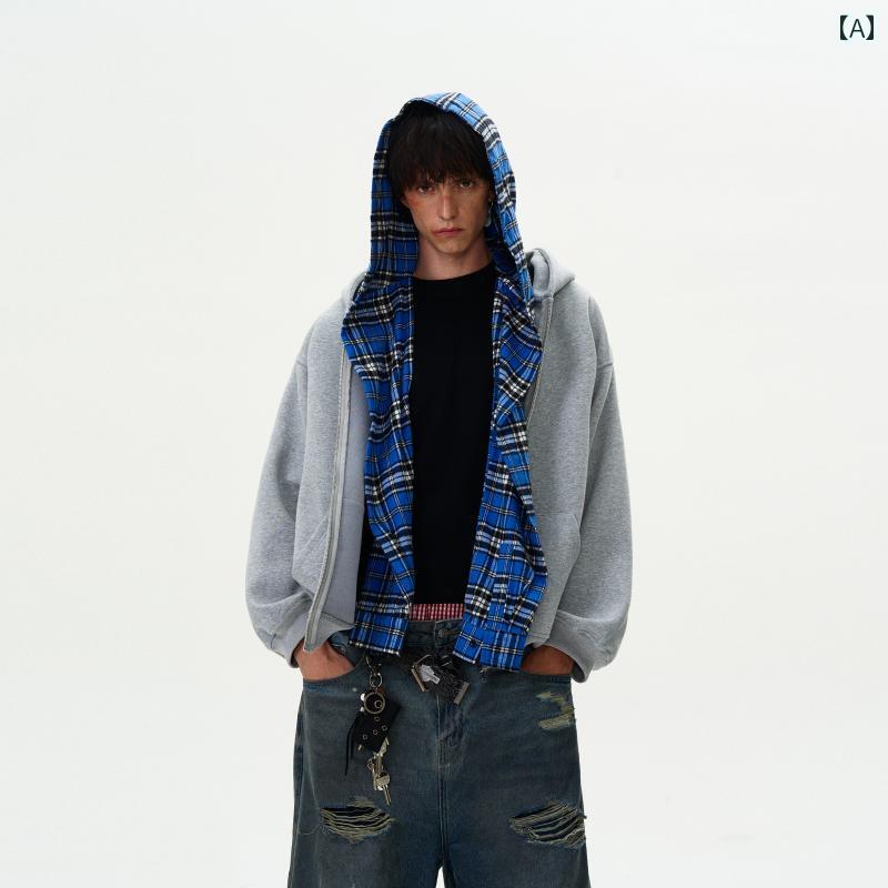 パーカー 男性服 アメリカン レトロ フェイク レイヤリング シャツ フード付き スウェット ジャケット ジップアップ メンズ 取り外し 可能 チェック柄 ロング フード カジュアル ラフ着 ゆったり