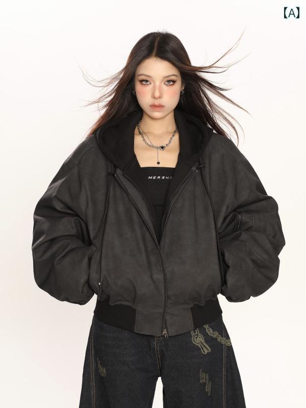 ジップアップ ジャンパー ヘビー ウェイト 二重層 フェイク レイヤード フード付 レザー ジャケット コットン レディース アウター 秋冬 オーバーサイズ カップル フライト クール メンズライク｜ラ・グラーヌ