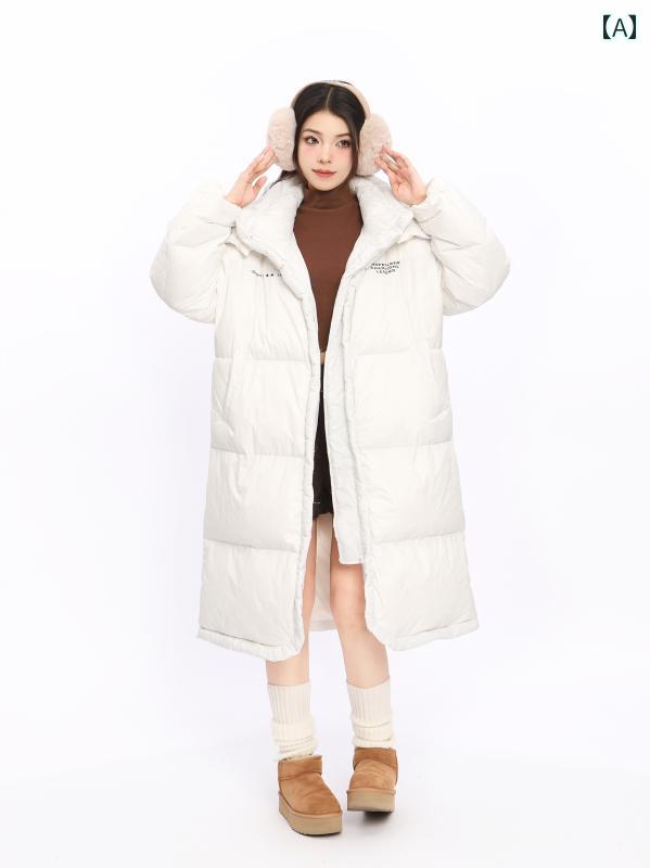 ダウン ジャケット 白 黒 フード付 膝下丈 ロング アウター 防寒対策 女性用 レディース ボーダレス デザイン 冬 厚手 コットン アウトドア サッカー観戦 レジャー スポーツ カジュアル