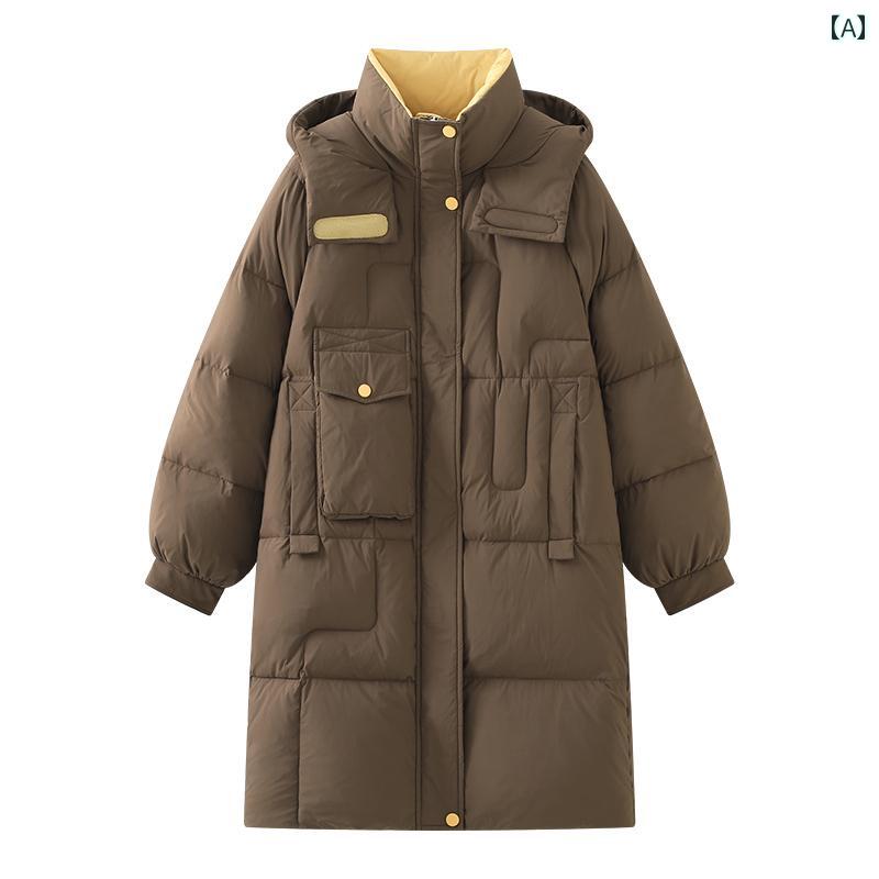 ジャケット ダウン コート フード付き レディース ジッパー ポケット シンプルデザイン 羽毛 冬 長袖 厚手 カジュアル ロング ファッション