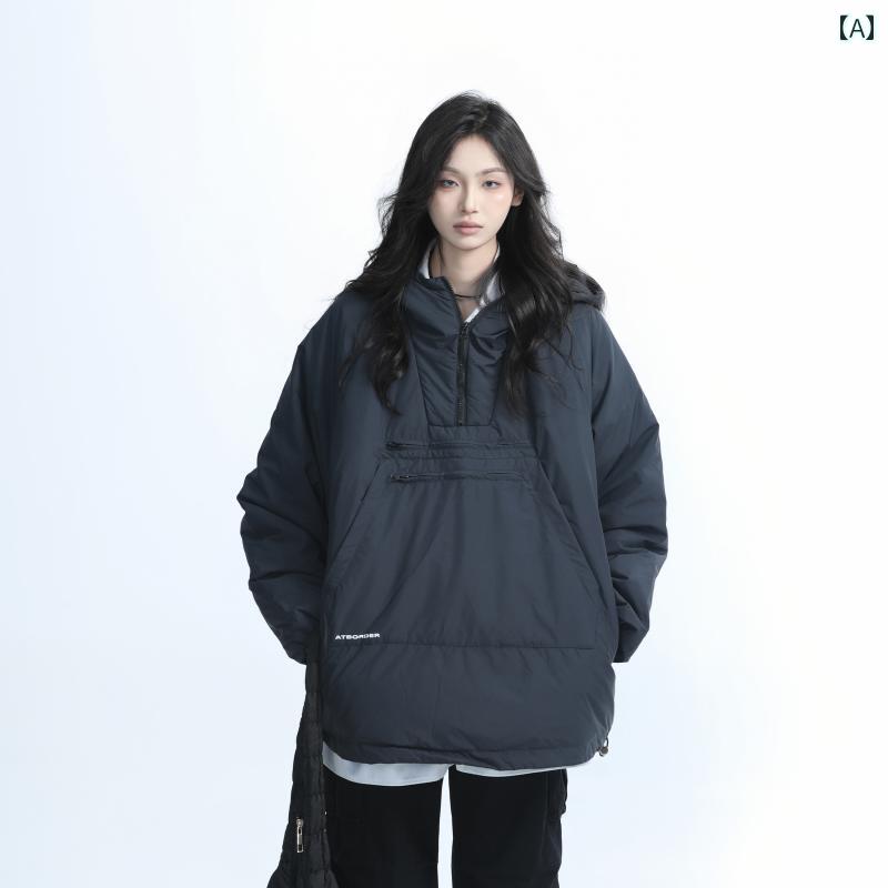 ジャケット ユニセックス アウター 黒 オーバーサイズ アクセントポケット ジッパー フード付き シンプル 厚手 冬 長袖 ブラック トップス カジュアル メンズ レディース 13,257円