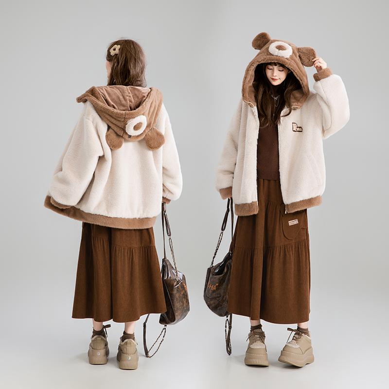 ジャケット アウター コート レディース おしゃれ ファッション フード付き 女性 秋冬 かわいい ゆったり 厚手 防寒 エコファー クマ耳 ボリューム ふわふわ