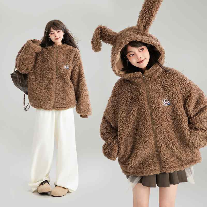 ジャケット トップス レディース おしゃれ ファッション かわいい ウサギの耳 フード付き フェイクラムウール 冬 厚手 コットンジャケット もこもこ 防寒 ボア