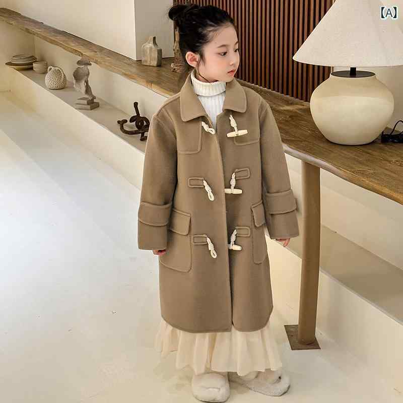 ダッフルコート キッズ お嬢さん 羊毛 厚地の外套 韓国 流行り物 今めかしい ちびっ子 ロング丈 秋冬 心地よい 朦々たる アウター 隠し 分かりやすい 生あたたかい 通学