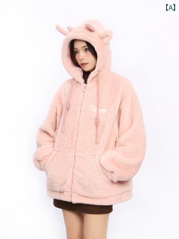 ジャケット トップス レディース フード付き ドラゴン かわいい 刺繍 ジッパー ポケット カジュアル 厚手 冬 長袖 ガーリー ファッション