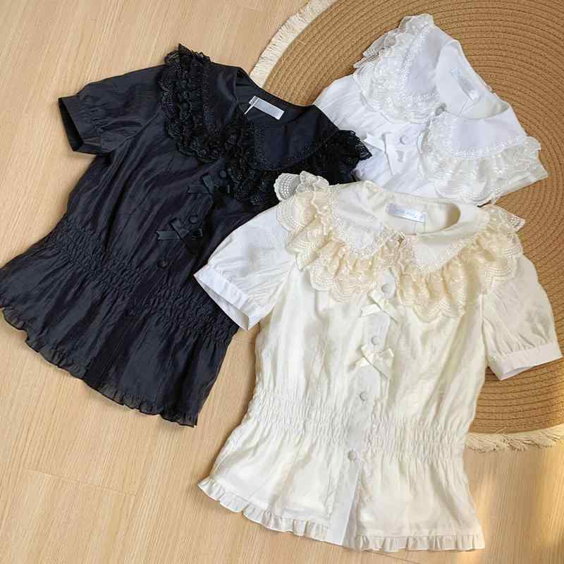 ブラウス シャツ ロリータ レース フリル リボン 白 黒 パフスリーブ 半袖 フリル使い 涼感 柔らか 優雅 シフォン ロマンティック エレガント コーデ