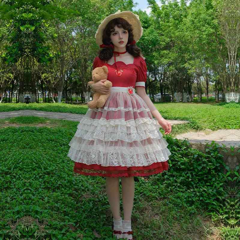 ロリータドレス クラロリ ワンピース エプロン スカートカバー レース フリル リボン 半袖 赤りんご ドール ファンタジー ロマンティック メルヘン おとぎ話 かわいい