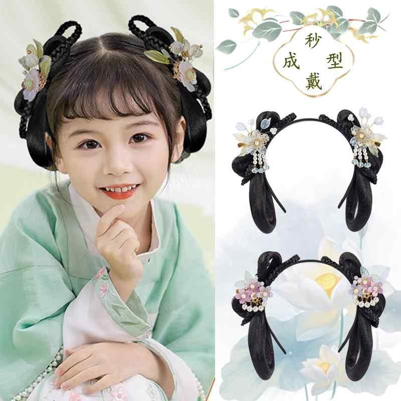 ウィッグ キッズ 子供用 漢服 オールインワン ヘッドバンド アンティーク パッド お団子 ヘッドドレス オシャレ 明 女の子