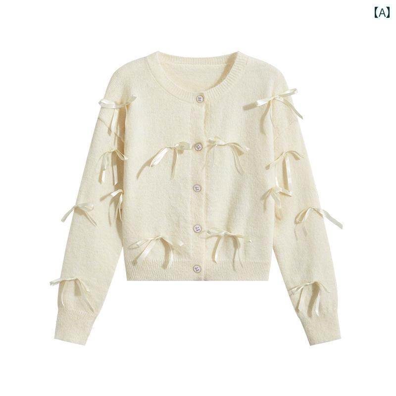 レディース トップス ラウンドネック セーター 秋冬 ボウ ノット グレー ニット カーディガン おしゃれ きれいめ かわいい
