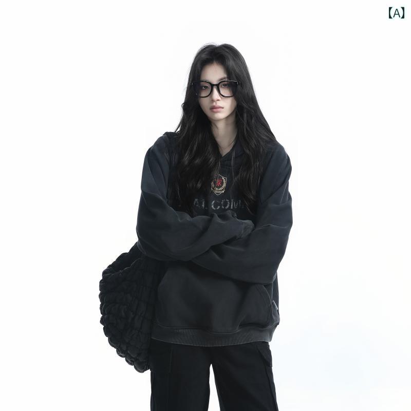 パーカー レディース アメリカン ストリート オールド ウォッシュド加工 ブラック 黒 フード スウェット フーディー 女性 ユニセックス オーバーサイズ メンズライク ボーダレス 男女 共有可能｜ラ・グラーヌ