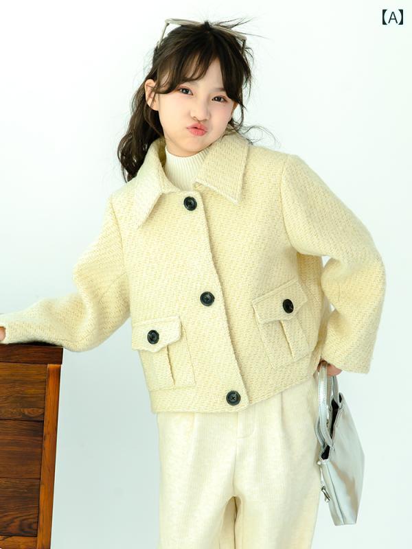 ジャケット キッズ ウール 女の子 ショート コート 子供 秋冬 スタイリッシュ 韓国 ファッション おしゃれ シンプル ボタン 大人っぽい 重ね着 厚手 ユニセックス