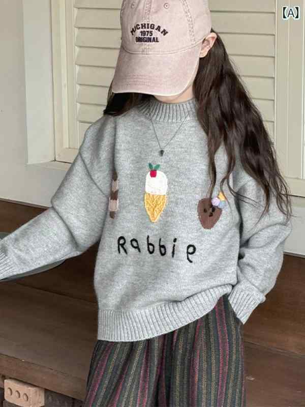 ニット セーター トップス キッズ 子供 おしゃれ ファッション 女の子 秋冬 韓国 刺繍 韓国 カジュアル かわいい シンプル プルオーバー ラウンドネック