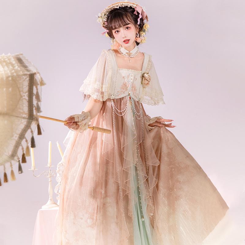 衣装 キャミドレス セットアップ 瀬戸もの風 ロリータ スピード競技 フラウンス 淡彩 花柄 御召しもの レディース 夏 お化け 幻想曲 ローマン的 おとぎ話