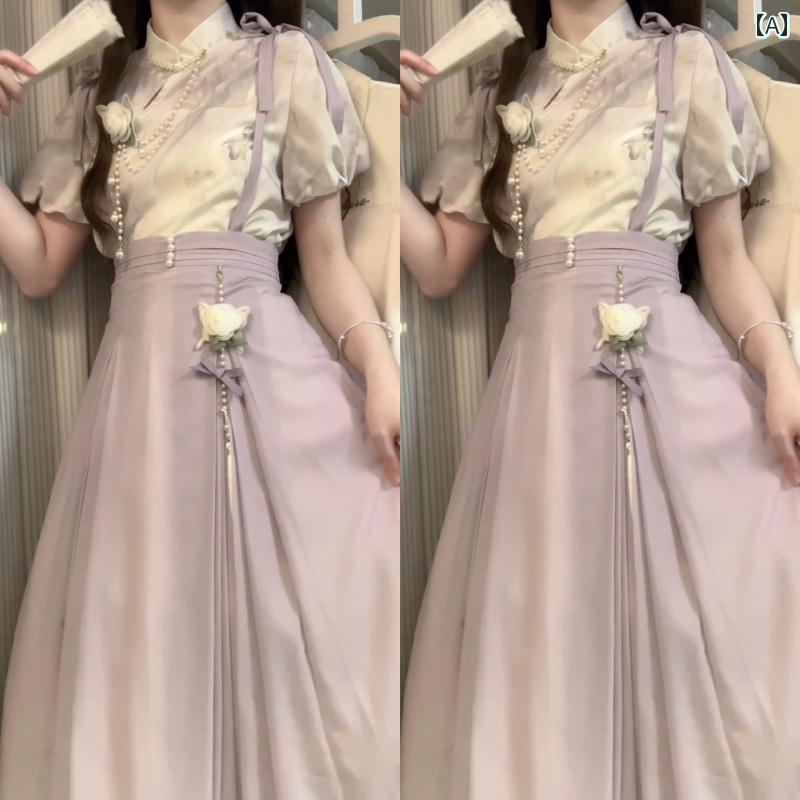 サスペンダースカート セットアップ 蝶 プリーツ ドレープ チャイナ風 半袖ブラウス レディース 春夏 エレガント モダン クラシック 優雅 上品 気品