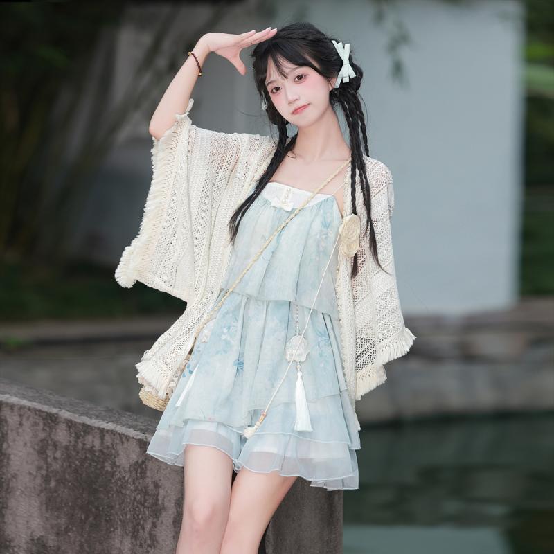 ２点セット サスペンダースカート レディース かわいい エレガント ショール 美しい ショート 春夏秋 ノースリーブ リボン デザイン チャイナ風