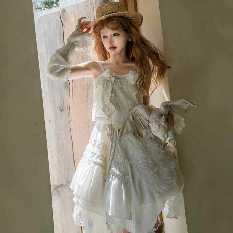 ロリータ ２点セット サスペンダースカート コスチューム 仮装 レディース リボン 花 かわいい ガーリー コスプレ ハンドウォーマー