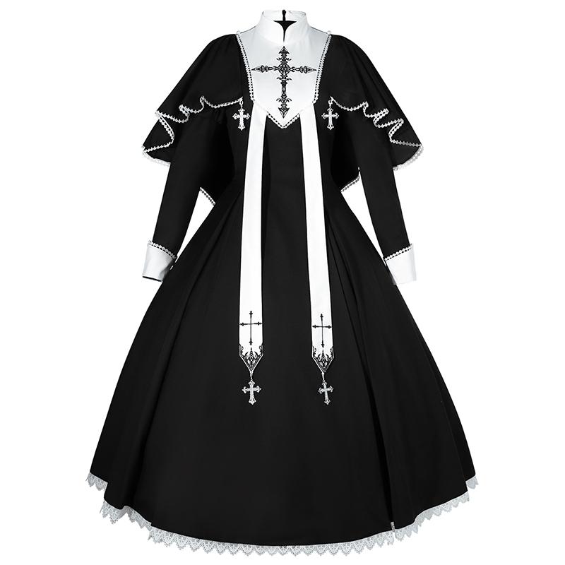 ワンピース ゴシック ハロウィン コスプレ レディース ロリータ ドレス ケープ クロス コスチューム 仮装 刺繍 フラワー 春秋 ブラック ２点セット 長袖 ダーク 黒 パーティー