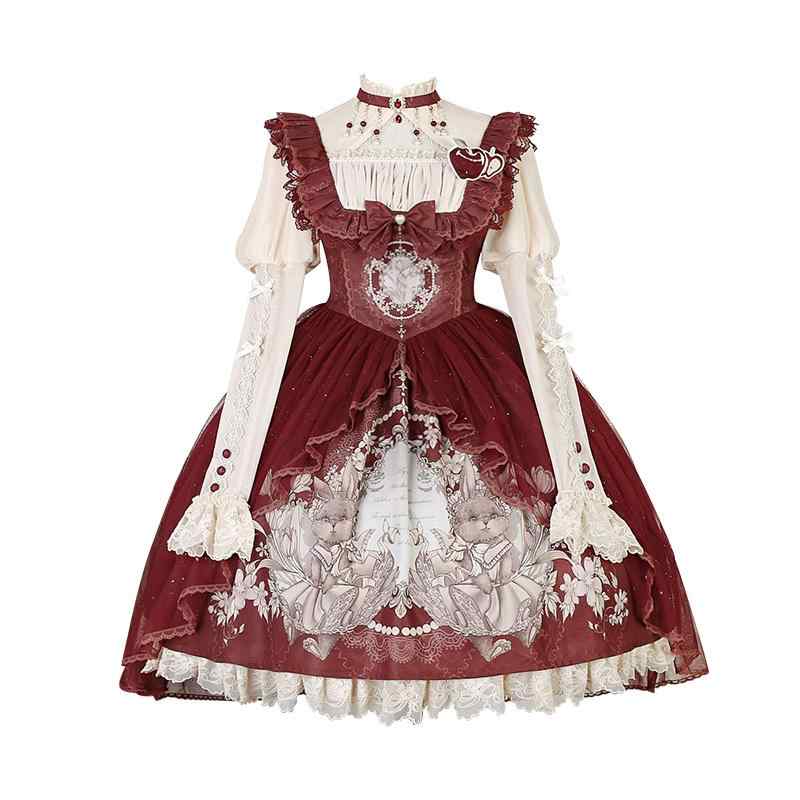 クラロリ 姫ロリ かわいい ロリータ プリンセス 2点セット ドレス シルク コスプレ パーティー 長袖 アフタヌーン レース リボン 秋 セットアップ ウサギ
