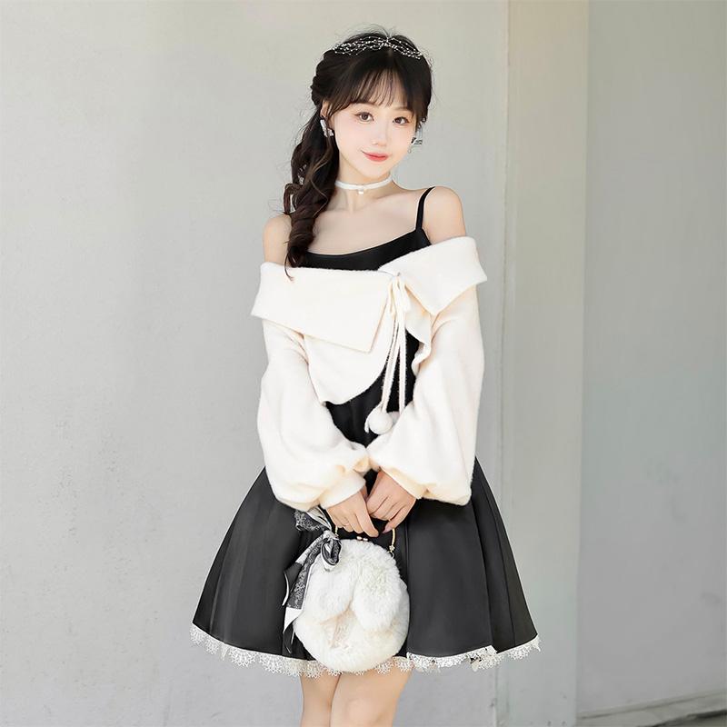 ワンピース プリンセス ロリータ レディース ドレス コスチューム トップス ネックレス ２点セット 花 リボン 春秋 長袖 ショートスカート コスプレ 仮装 かわいい