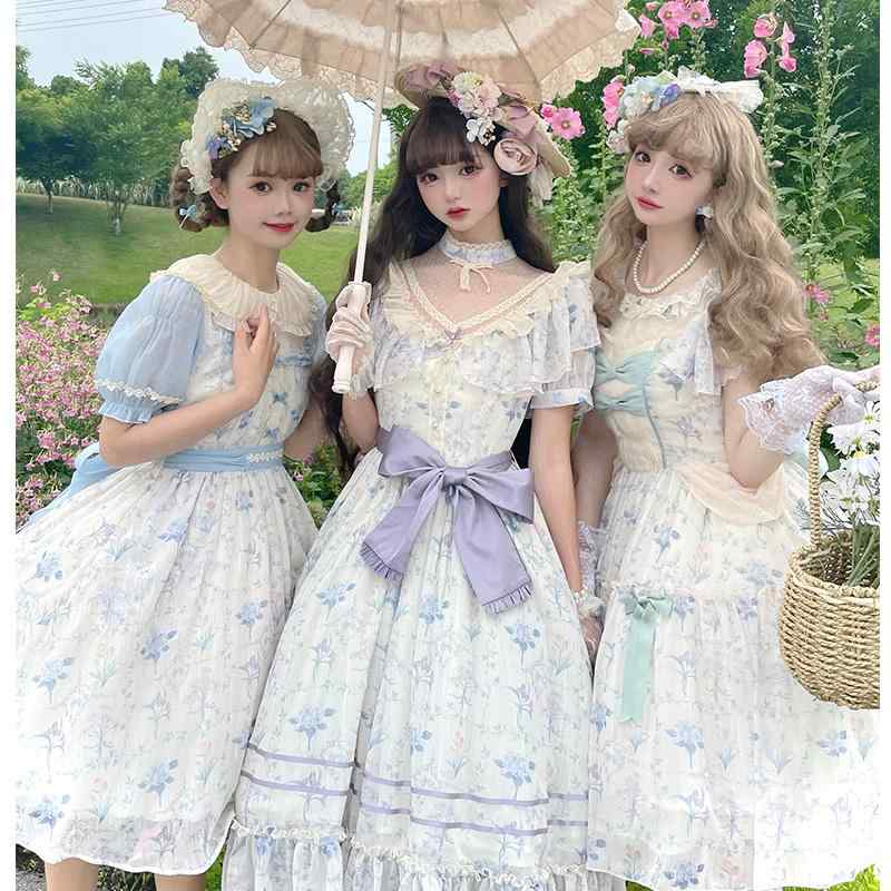 コスプレ ロリータ ドレス ロング ワンピース カラー プリント チュール シフォン ボリューム 段々 スカート シアー レース 甘々 上品 お姫様 プリンセス 紫 水色 コスチューム フォト映え
