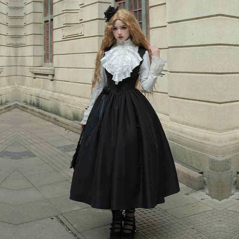 コスプレ ゴスロリ ダーク ゴシック 長袖 ロング ワンピース ロリータ ドレス 春秋 黒 ブラック フレア 傘 スカート シック コスチューム コンカフェ イベント 衣装 ハロウィン ナイト