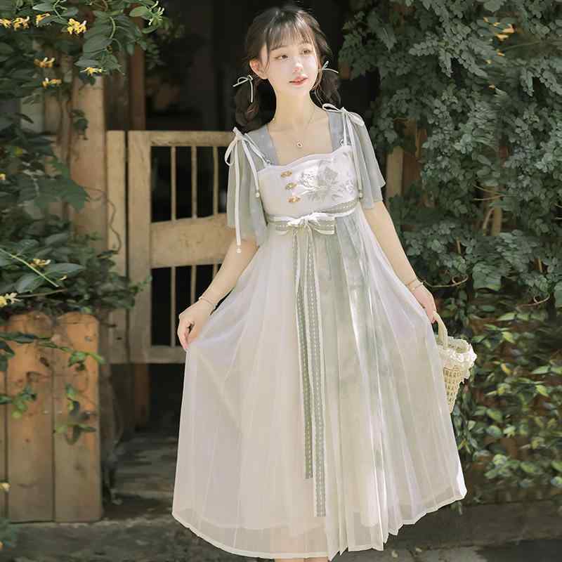 ドレス チャイナ風 ロリータ レース リボン プリーツ 花柄 衣装 白 淡色 レディース 夏 軽やか 優雅 フェミニン フローラル ロマンティック メルヘン