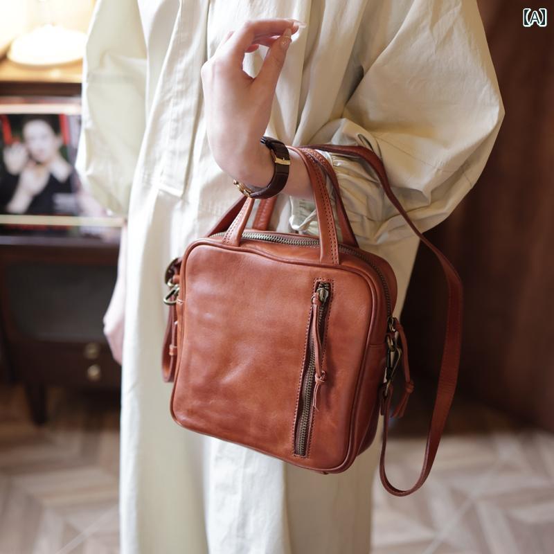 ハンドバッグ 2way レディース ファッション レトロ 植物タンニンなめし 牛革 革製品 レザー クロスボディ ショルダーバッグ カジュアル デイリー使い スクエアバッグ