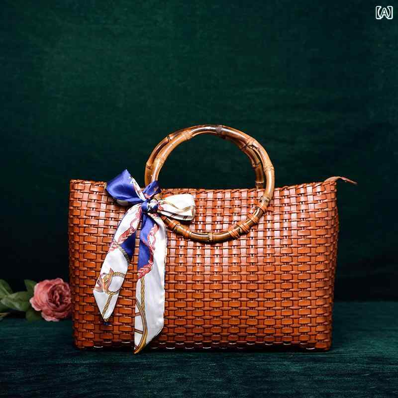 ハンドバッグ 編み込み レディース 革製品 レトロ 牛革 レザー シンプル 大容量 収納力 レジャー カジュアル ファッション デイリー使い おしゃれ ギフト 丈ハンドル 実用的 バッグ-ハンドバッグ