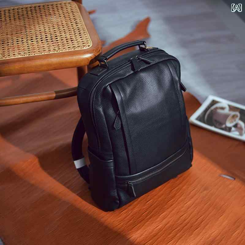 メンズ バック パック リュック 牛革 長方形 ジッパー開閉 黒 茶 15インチPC収納 40×33×16センチ レザー ソフト 軽量デザイン 防水 ヴィンテージ風 シンプル モダン スタイリッシュ