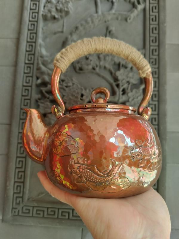 湯沸かし レトロ ティーポット 銅製 湯沸かし 急須 熱気 焙煎 原則として型 800ml 茶の葉造営用 耐久性 蓮の葉 魚 ひな形 アンティーク