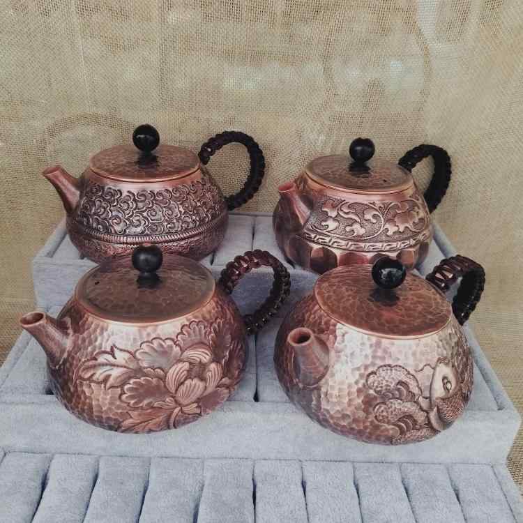 急須 茶瓶 赤銅 サイド ハンドル 小さいサイズ ティーポット レトロ 耐久性 アンティーク 魚 牡丹 彫刻 和風 チャイナ カフェタイム