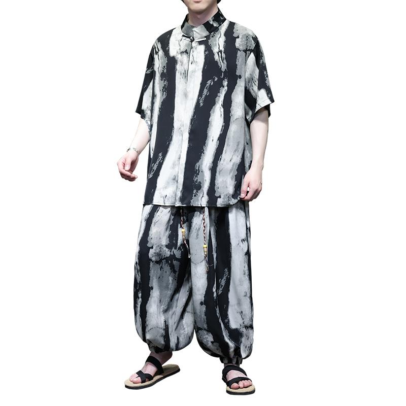 冷感 半袖 プルオーバー メンズ 流行り物 夏 瀬戸もの風 縞模様柄 背広 セットアップ 薄っぺら 涼感 心地好い 伸び伸びする表現スタイル かっこ良い 言い慣わし アジアン表現スタイル カジュアルシャツ-メンズファッション