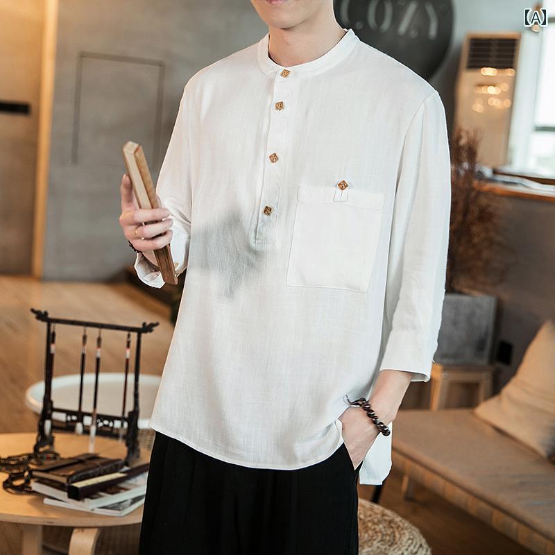メンズ リネン Tシャツ 白 ラウンドネック 8分丈 春夏 綿 麻 ゆったり 大きめサイズ チャイナ風 七分袖 トップス 薄手 スクエア ボタン 丸首 快適 カジュアル 清潔感