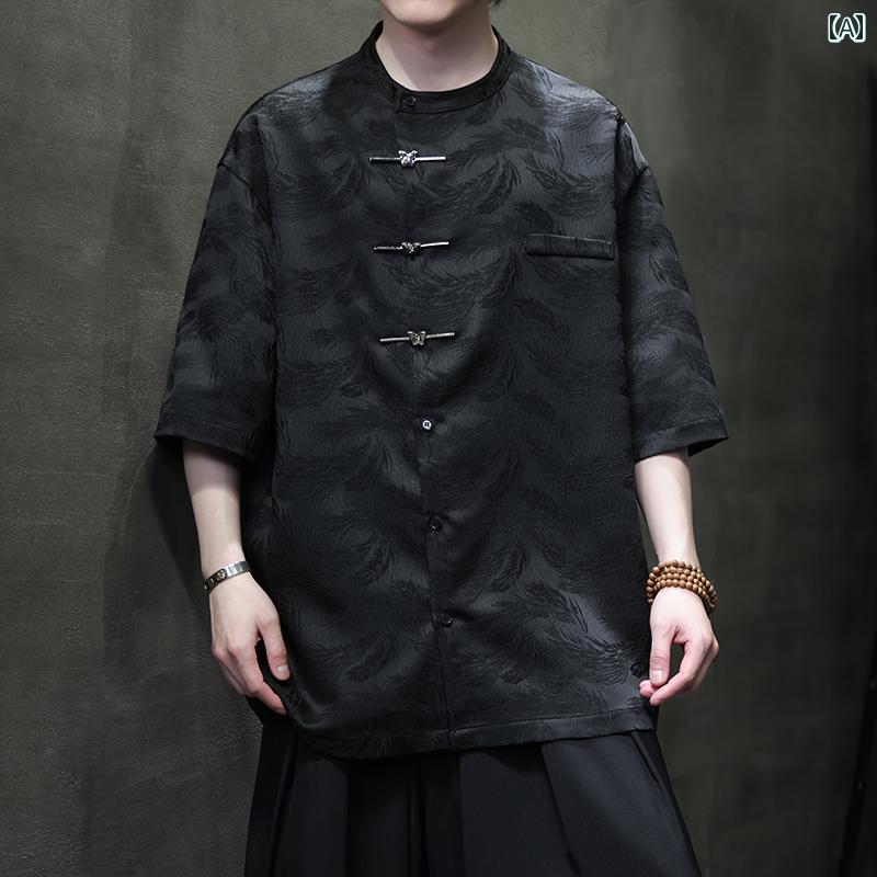 半袖 シャツ 中国 唐装 メンズ ファッション 夏 チャイナ風 冷感 漢服 大きいサイズ トップス カジュアル 伝統的 涼感 薄手 モダン 快適 エレガント スタイル