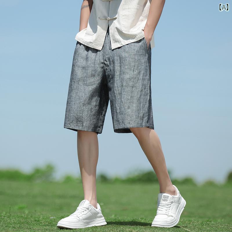 ハーフパンツ チャイナ風 綿 リネン 夏 薄手 ストレート ショーツ 100%リネン メンズ カジュアル ナチュラル素材 パンツ 紳士服