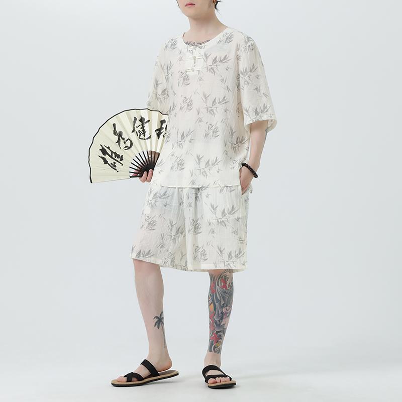 メンズ チャイナ風 上下 セットアップ 唐装 春夏 薄手 Tシャツ パジャマ 笹 半袖 ルームウェア 部屋着 快適 冷感 竹の葉 プリント トップス 2点 セット 涼し気 ゆったり 5,541円