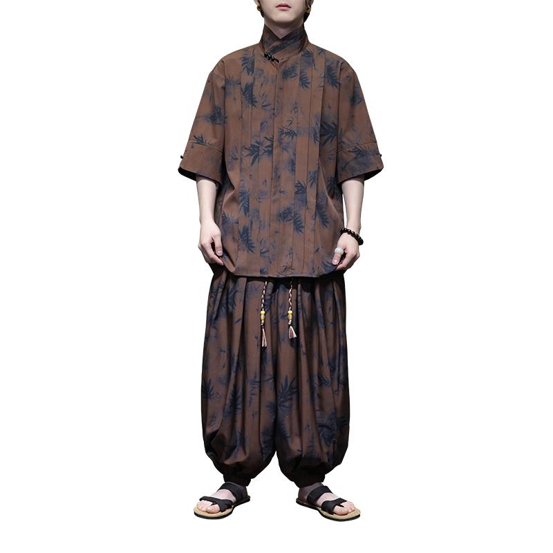 メンズ セットアップ ズボン下 トップス 瀬戸もの風 冷感 レトロ 夏 冷やりとした 薄っぺら 半袖 衣嚢 花 窈窕たる 座標 心地好い