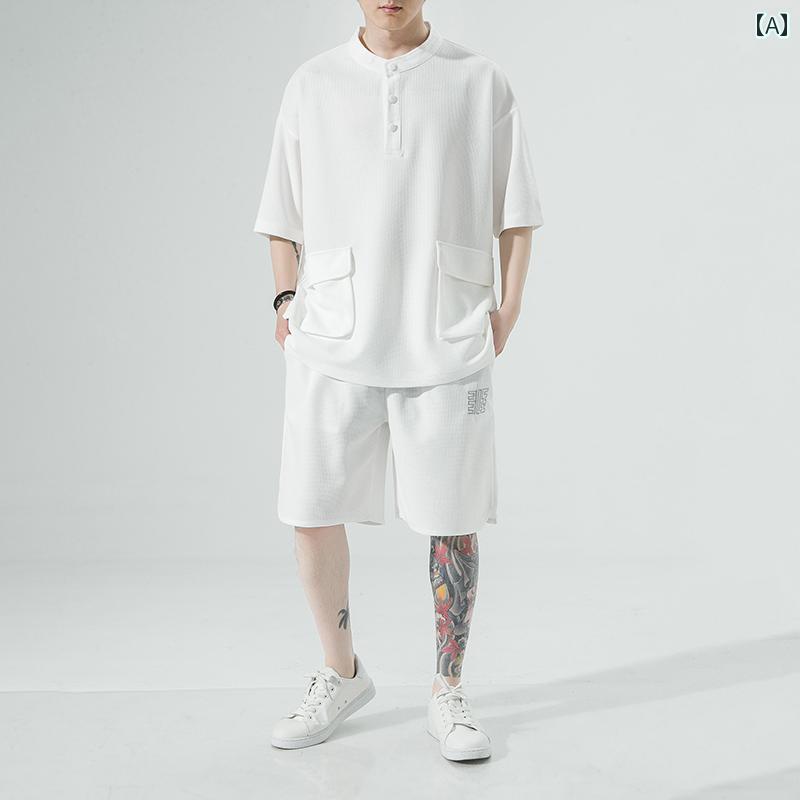 メンズ ファッション セットアップ 中華 冷感 半袖 Tシャツ 夏 薄手 無地 カジュアル ショーツ チャイナ風 唐装 漢服 セットアップ