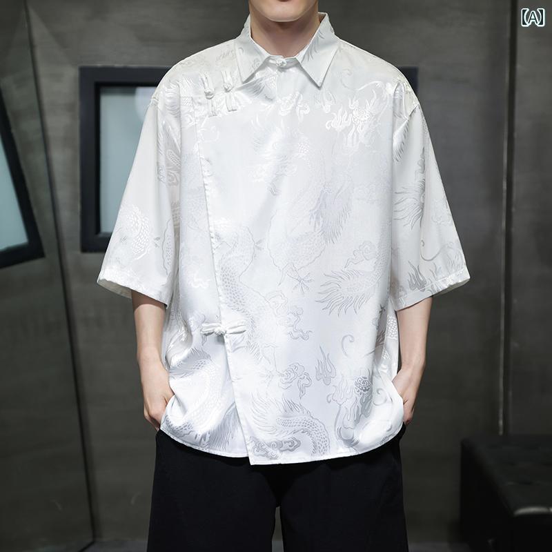 エスニック ジャケット カンフー服 メンズ ファッション 夏 薄手 半袖 シャツ 伝統 チャイナ風 斜め前立て 大きいサイズ プレートボタン 唐装 トップス
