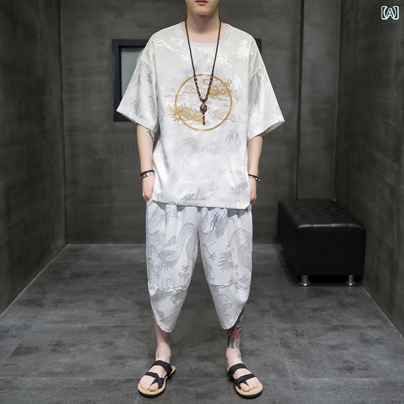 エスニック ウェア 上下セット メンズ ファッション 半袖 Tシャツ 男性用 夏 薄手 チャイナ風 漢服 セット 七分 パンツ ユニークデザイン 冷感 唐装 5,620円