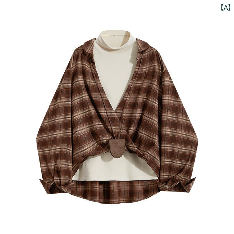 レディース トップス カジュアル 普段使い シンプル ハイネック Tシャツ 2 点 セット 秋 チェック 柄 シャツ ジャケット 韓国 レトロ おしゃれ｜ラ・グラーヌ