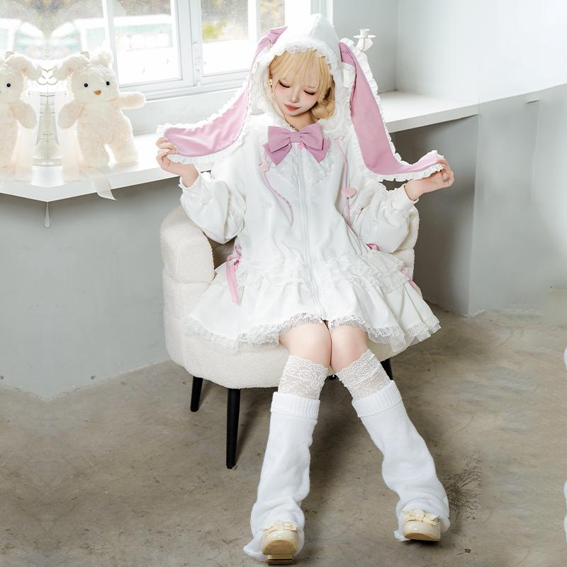 ガーリー うさ耳ドレス スカート ロリータ フード付き ふわふわ フリル うさぎ リボン バニースタイル 白 ピンク 衣装 ファンタジー ロマンティック メルヘン かわいい