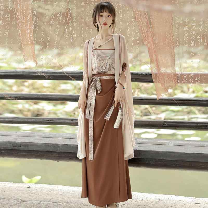 漢服 フェミニン セットアップ ロングスカート サスペンダースカート スーツ チャイナ風 ショール 衣装 レディース 春夏 舞台 伝統 軽やか エレガント モダン スタイリッシュ