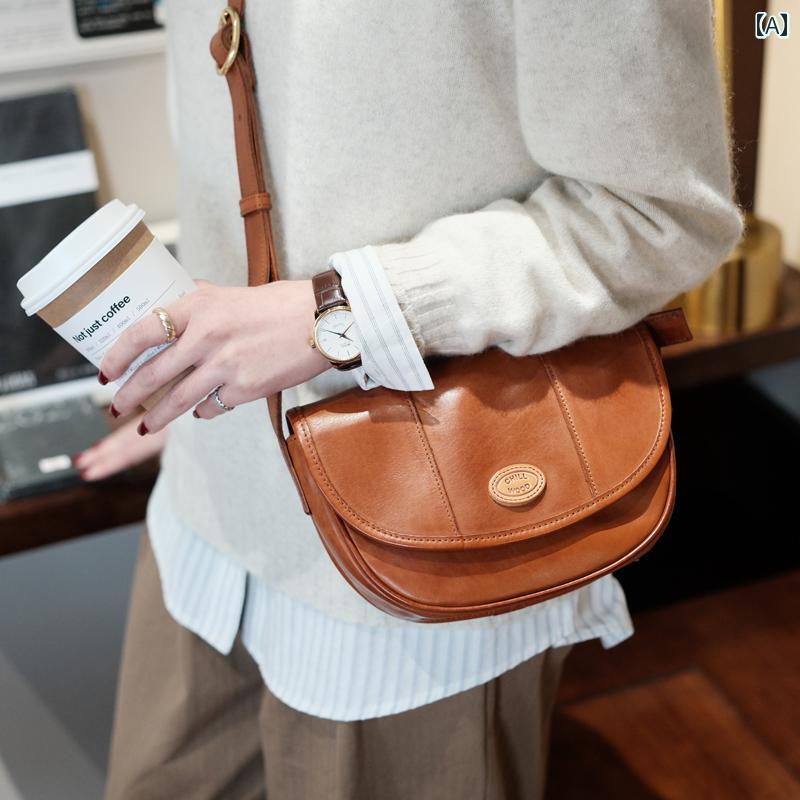 ショルダーバッグ レザー カジュアル 普段使い レトロ デイリー 植物タンニンなめし 半円形 サドルバッグ レディース クロス ボディ ヴィンテージ感 革