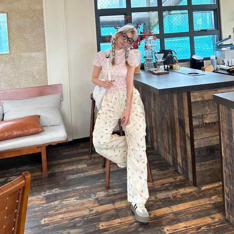 パンツ ストレートパンツ プリントパンツ ベアプリント 春夏 カジュアル キュート おしゃれ 通学 ショッピング アウトドア レディース ガールズ