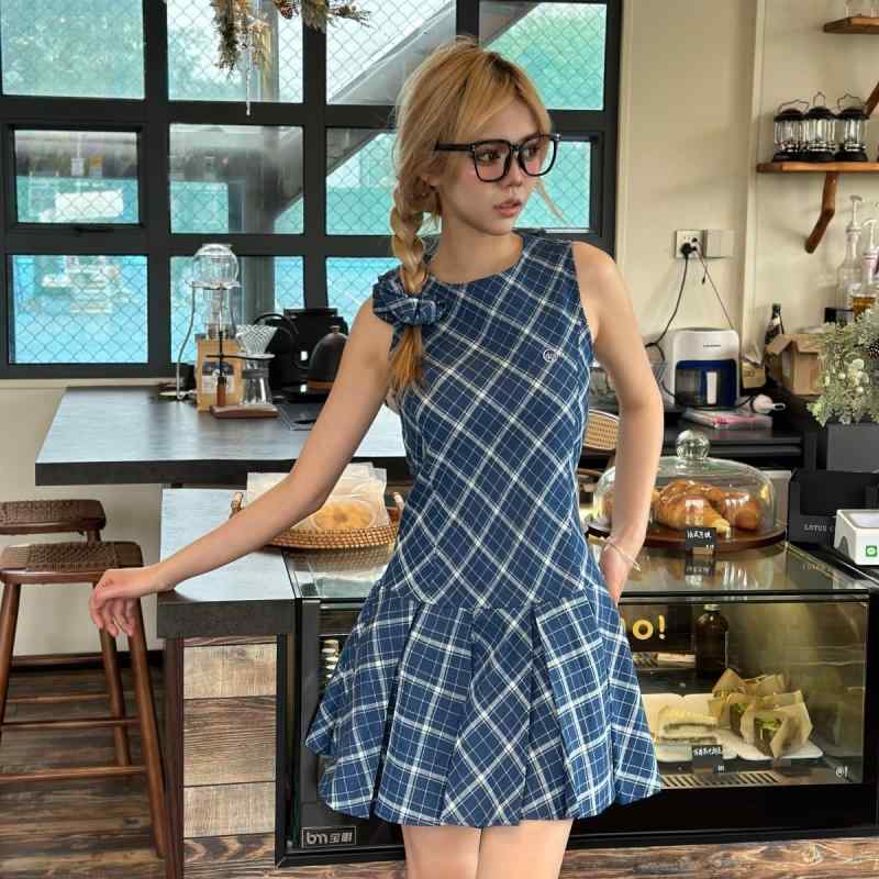 ワンピース サマードレス ノースリーブ ミニスカート チェック柄 夏 レジャー リゾート 休日 爽やか キュート レディース ガールズ