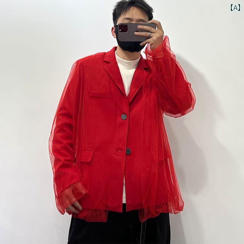 テーラードジャケット 春 メッシュ スプライシング フェイクツーピース レッド スーツジャケット メンズ ファッション レトロ ジャケット アウター 個性的 透け感 おしゃれ ユニーク スタイリッシュ|ラ・グラーヌ